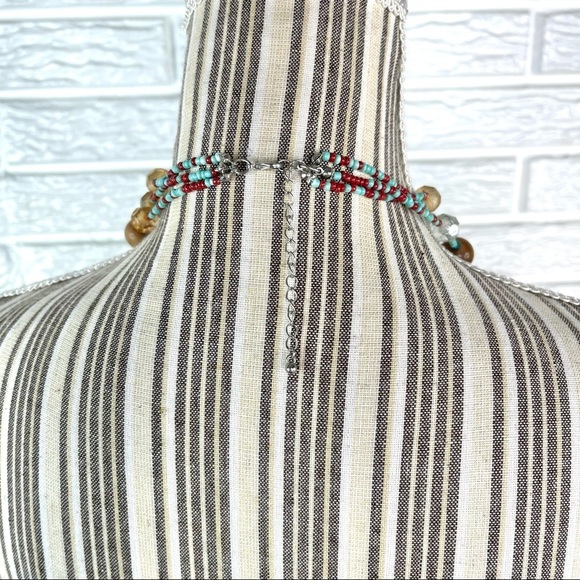 Multicolored Beaded Multi-Chain Statement Necklace Turquoise Blue Brown Red - Picture 4 of 4